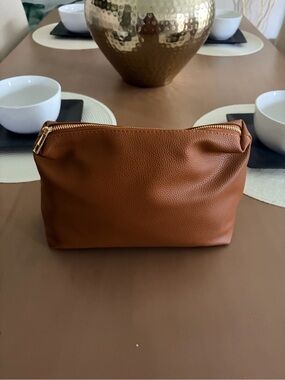 Classic Tan Leatherette Zip Pouch - Women’s Cosmetic Bag